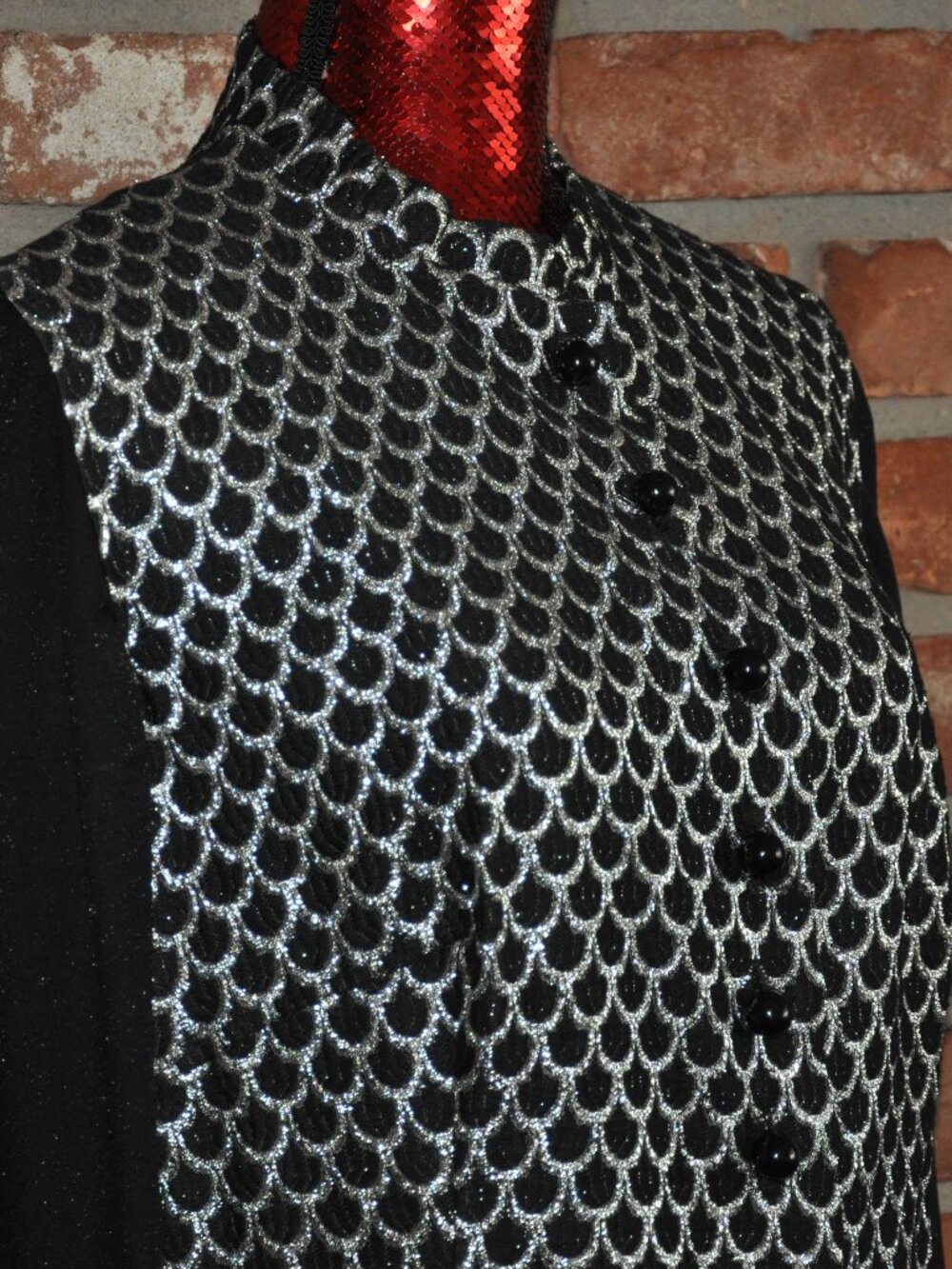 VINTAGE 70s Black & Silver Scalloped Print Mod GoGo Blazer Mini Dress M/L - Picture 2 of 5